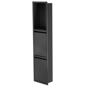 Door niche, 36 × 8 in, matte black, door closed, three-quarter view on a transparent background