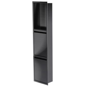 Door niche, 36 × 8 in, black PVD, door closed, three-quarter view on a transparent background