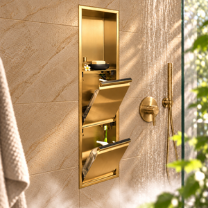 Door niche, 36 × 8 in, gold PVD, tilt-down door open: bottles, soap and accessories stored