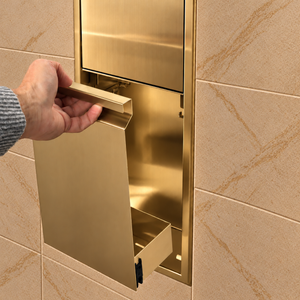 A hand lifts the removable door off the door niche, 36 × 8 in, gold PVD