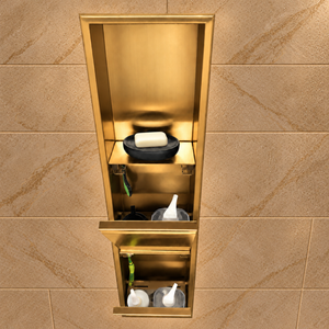 Inside view of the door niche, 36 × 8 in, gold PVD, door open: bottles stored in the compartment