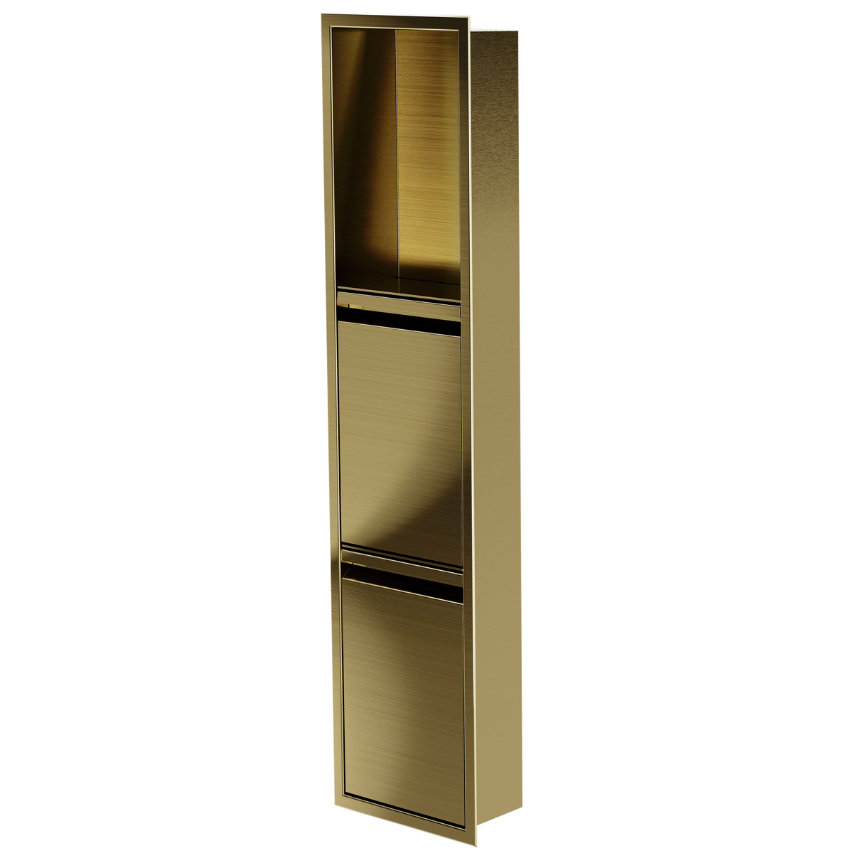 Door niche, 36 × 8 in, gold PVD, door closed, three-quarter view on a transparent background
