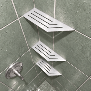 Corner shelf, 4 × 12 in, glossy white, in the corner of a tiled shower, two smaller shelves below