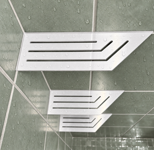Corner shelf, 4 × 12 in, glossy white, close view, with the two smaller shelves below, in a tiled shower
