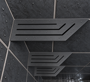 Corner shelf, 4 × 12 in, matte gray, close view, with the two smaller shelves below, in a tiled shower
