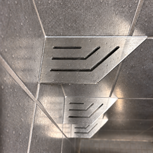 Corner shelf, 4 × 8 in, brushed stainless steel, close view, with the two lower shelves, in a tiled shower
