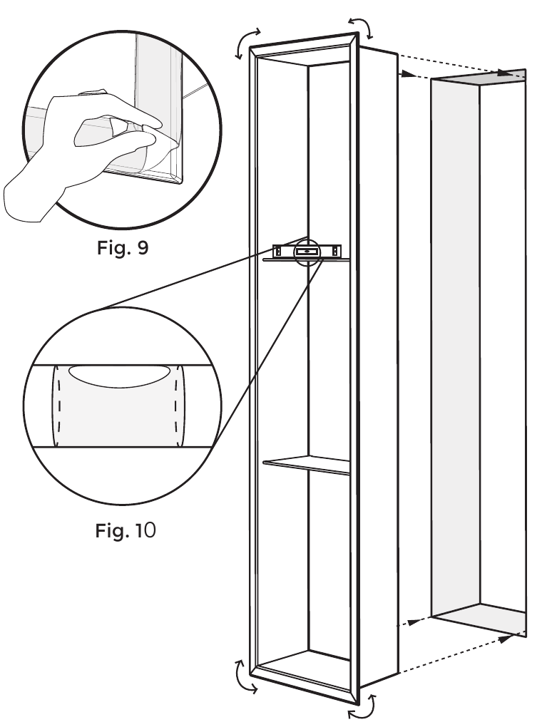 Figures 9 and 10: removing the protective film and inserting the niche while checking it with a level.