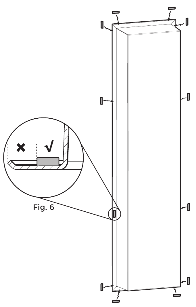 Figure 6 : positionnement du ruban double-face vers l’intérieur du rebord, avec détail de la bonne position.