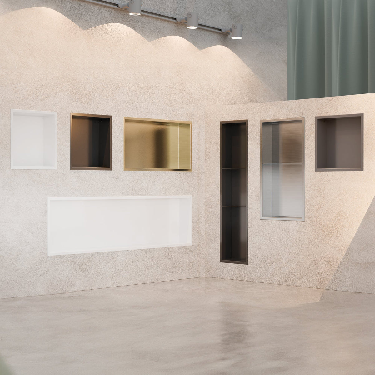 Encastrée au-dessus d’une baignoire dans un mur foncé, la niche Alba 12 × 48 po de la gamme Classique Zvelt