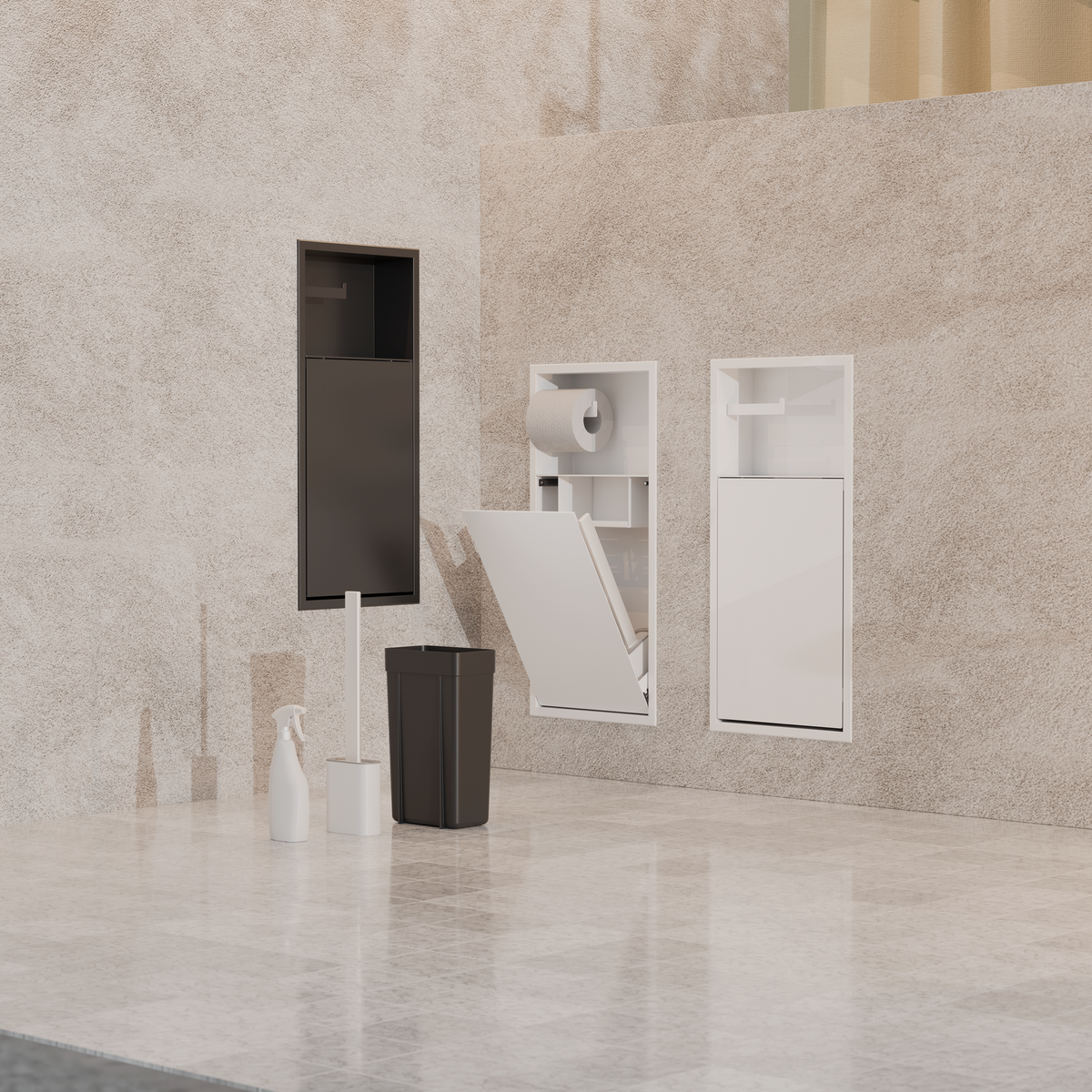 La gamme complète de niches WC Zvelt 24 × 10,5 po, trois finis, portes fermées et ouvertes