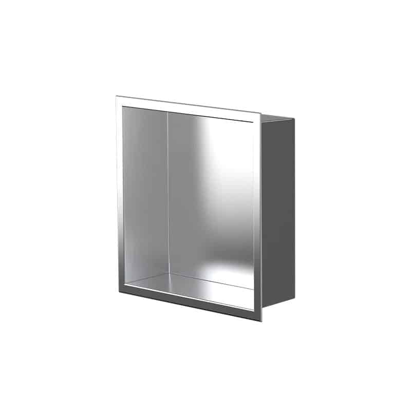 Reflets clairs au fond du caisson, niche Ally 12 × 12 po de trois quarts, acier inoxydable brossé