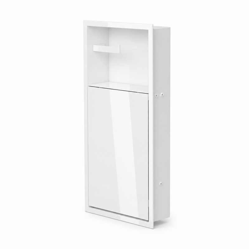 Sur fond blanc, la niche WC blanc lustré 24 × 10,5 po de trois quarts, porte fermée, barre à papier dégagée