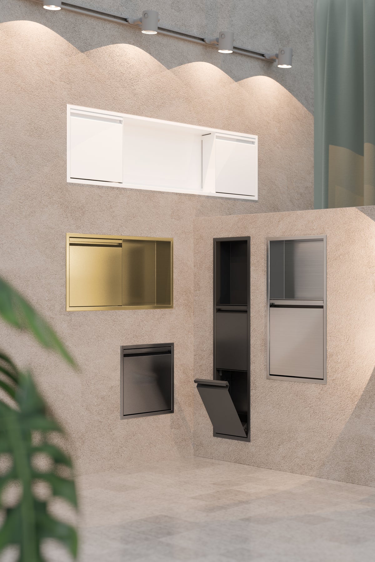 Les niches de douche à porte Zvelt alignées sur un mur, un format et un fini par modèle