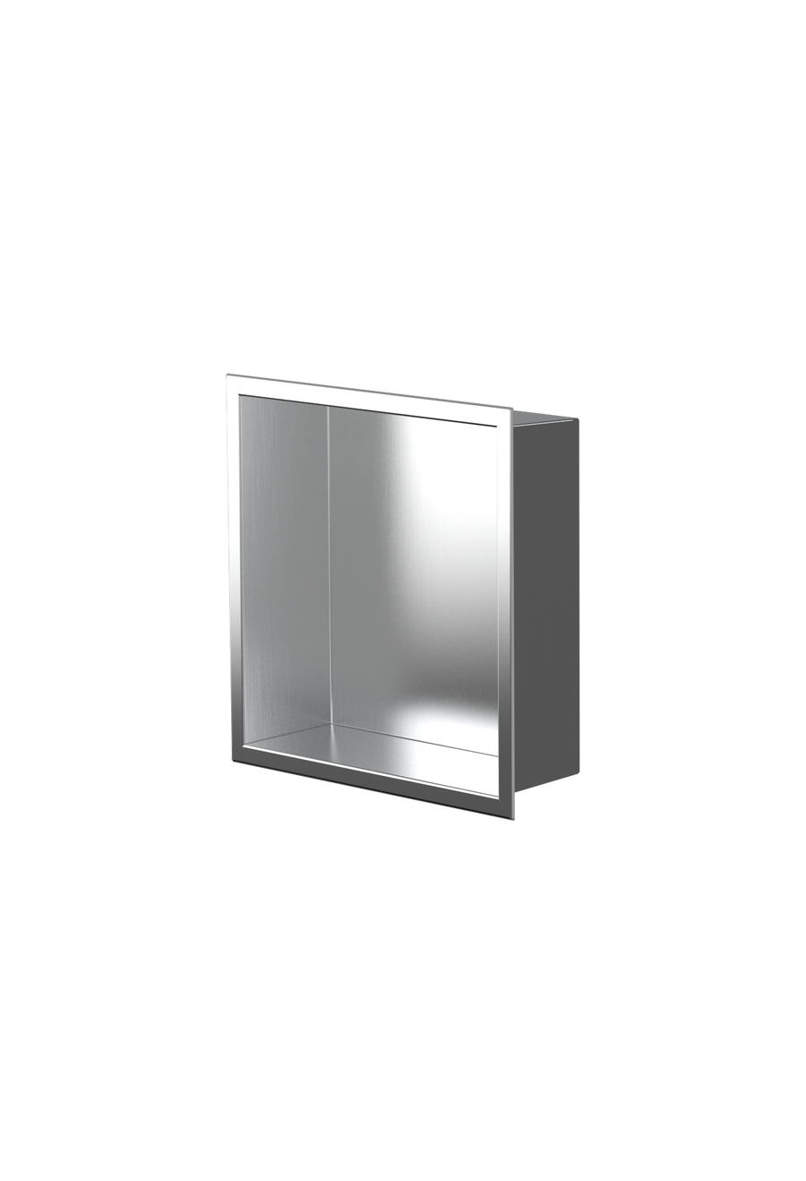 La niche Ally 12 × 12 po se détache de trois quarts sur fond blanc, caisson carré en acier inoxydable brossé