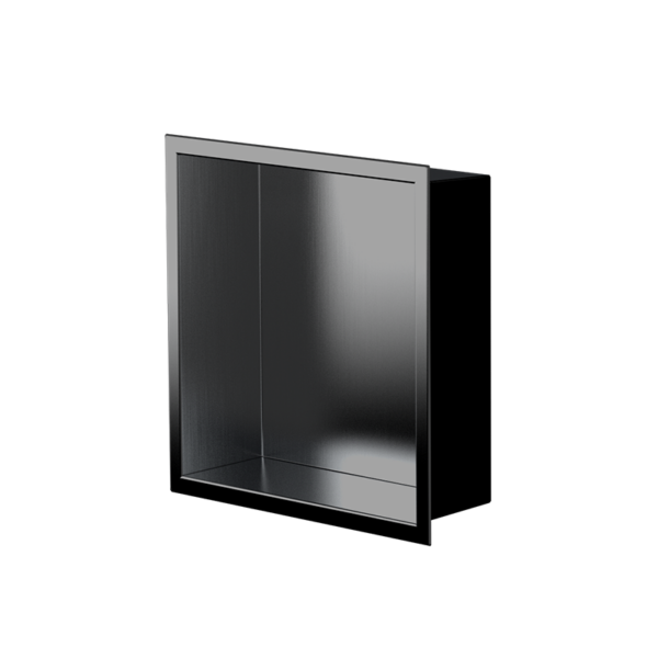 PVD noir : de trois quarts, la niche Ally 12 × 12 po, métal foncé brossé, reflets sur le fond