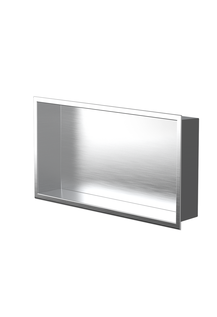 Niche Andy 12 × 24 po en acier inoxydable brossé, vue de trois quarts, compartiment unique sans tablette