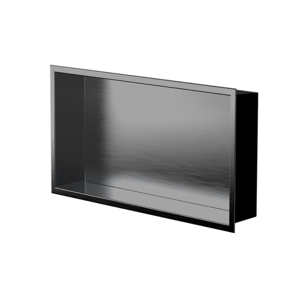 Gunmetal back panel, brushed, three-quarter view: the Andy niche 12 × 24 in in black PVD with a black flange