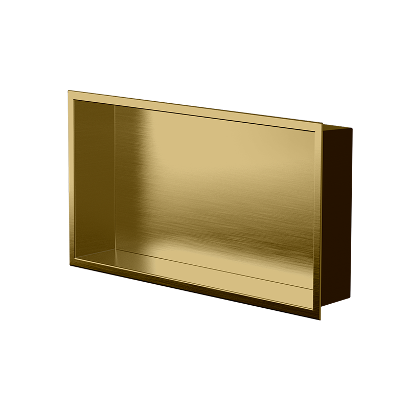 Gold PVD, brushed brass, a gradient across the back, Andy niche 12 × 24 in, three-quarter view