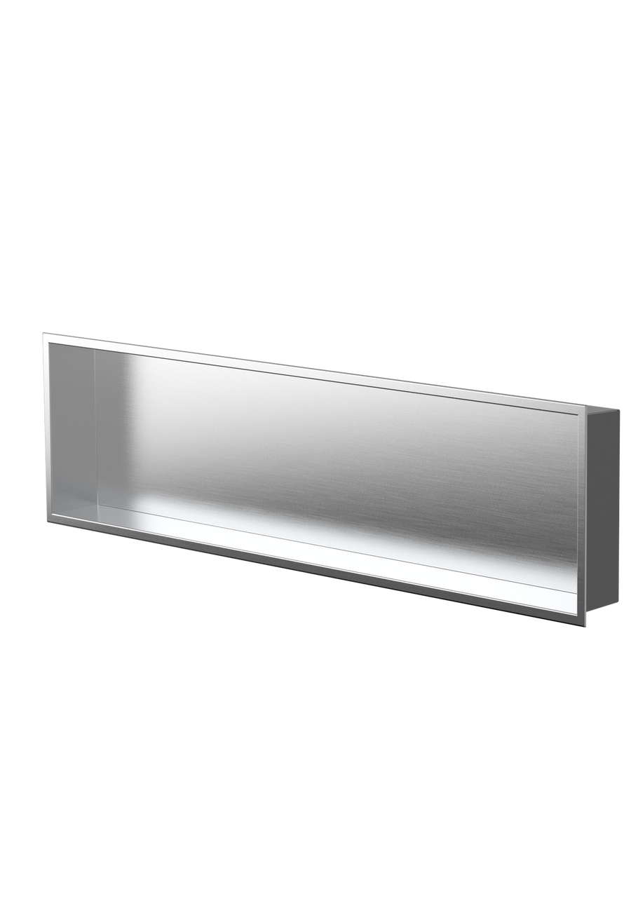 De trois quarts, acier inoxydable brossé, la niche Alba 12 × 48 po est un long caisson sans tablette.