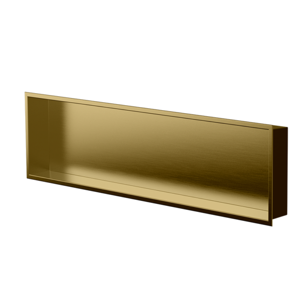 La niche Alba 12 × 48 po en PVD or, de trois quarts, doré brossé sur toute la longueur, flanc foncé.