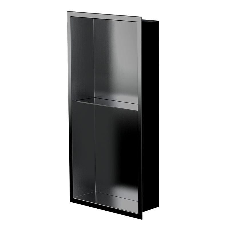 Sheen on the dark metal, the Acia 24 × 12 in niche in brushed black PVD with a built-in shelf, three-quarter view