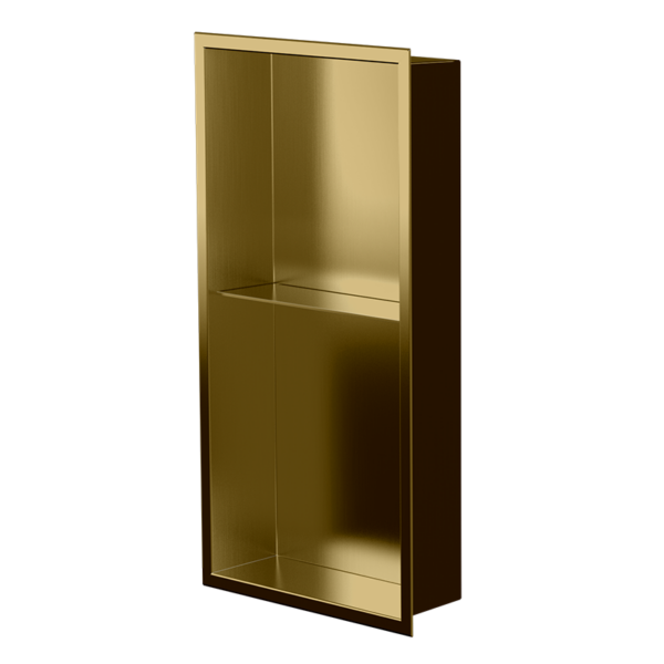 Gold PVD, brushed gold inside against a dark outer panel on the Acia 24 × 12 in niche, three-quarter view