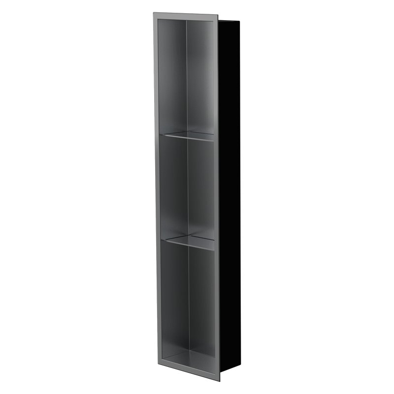 Reflective gunmetal lines the inside, three-quarter view, black PVD body on the Ana niche 36 × 8 in