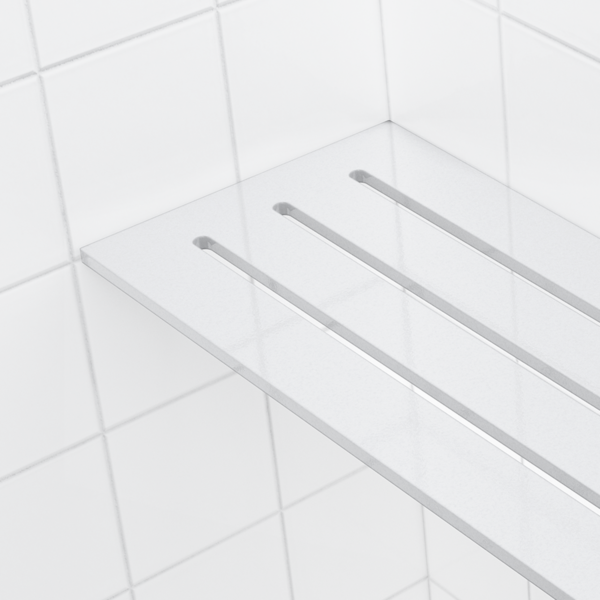 Glossy white, tile grout mirrored across the 4 × 8 in corner shelf seen close up.