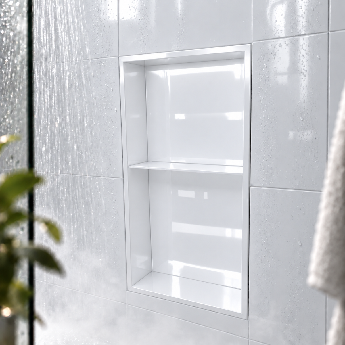Acia wall niche, 24 × 12 in, glossy white, recessed in a shower wall, empty