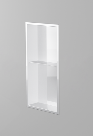 Acia wall niche, 24 × 12 in, glossy white, recessed in a plain gray wall, three-quarter view