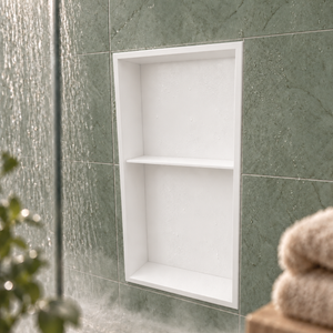 Acia wall niche, 24 × 12 in, matte white, recessed in a shower wall, empty
