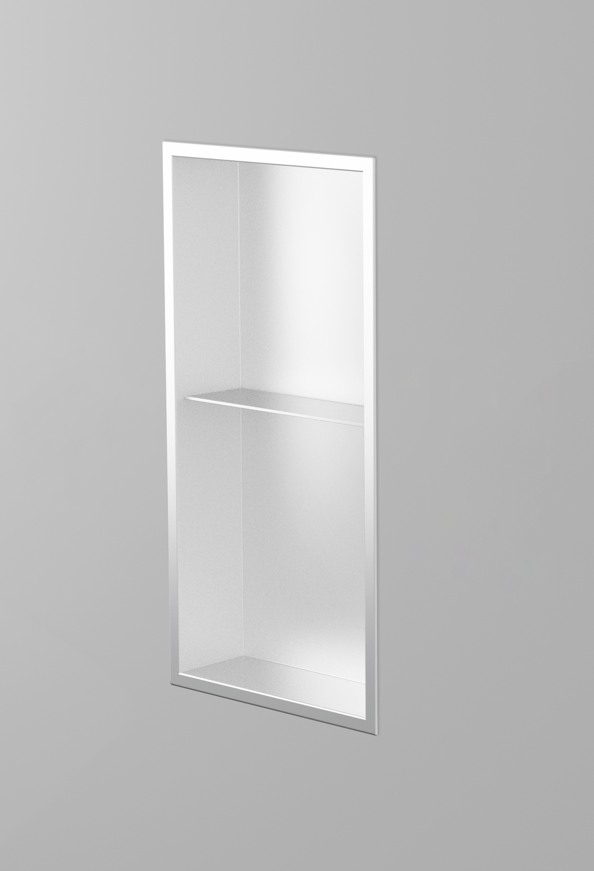 Acia wall niche, 24 × 12 in, matte white, recessed in a plain gray wall, three-quarter view