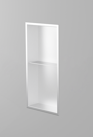Acia wall niche, 24 × 12 in, matte white, recessed in a plain gray wall, three-quarter view