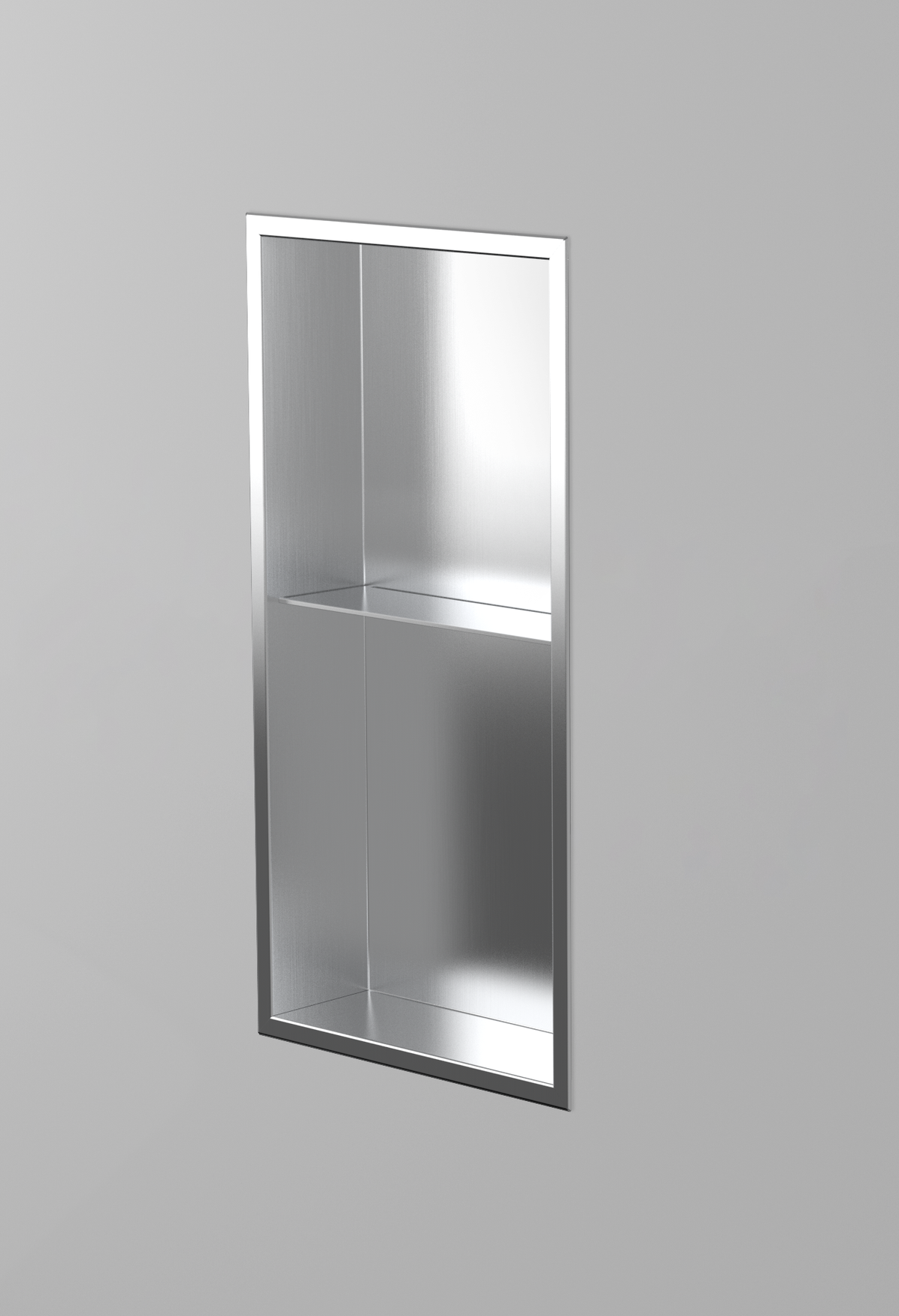 Acia wall niche, 24 × 12 in, brushed stainless steel, recessed in a plain gray wall, three-quarter view