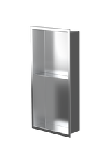 Acia wall niche, 24 × 12 in, brushed stainless steel, three-quarter view on a transparent background
