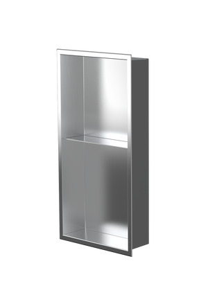 Acia wall niche, 24 × 12 in, brushed stainless steel, three-quarter view on a transparent background