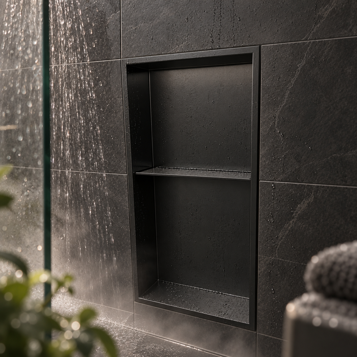 Acia wall niche, 24 × 12 in, matte black, recessed in a shower wall, empty