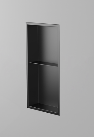 Acia wall niche, 24 × 12 in, matte black, recessed in a plain gray wall, three-quarter view