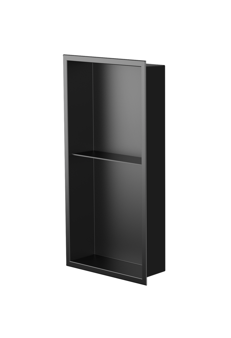 Acia wall niche, 24 × 12 in, matte black, three-quarter view on a transparent background