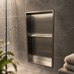Acia wall niche, 24 × 12 in, black PVD, recessed in a shower wall, empty