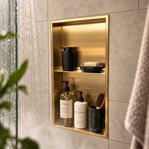 Acia wall niche, 24 × 12 in, gold PVD, recessed in a shower wall, bottles and soap stored inside