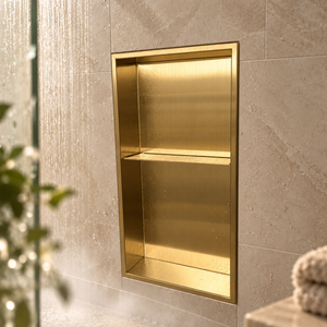 Acia wall niche, 24 × 12 in, gold PVD, recessed in a shower wall, empty