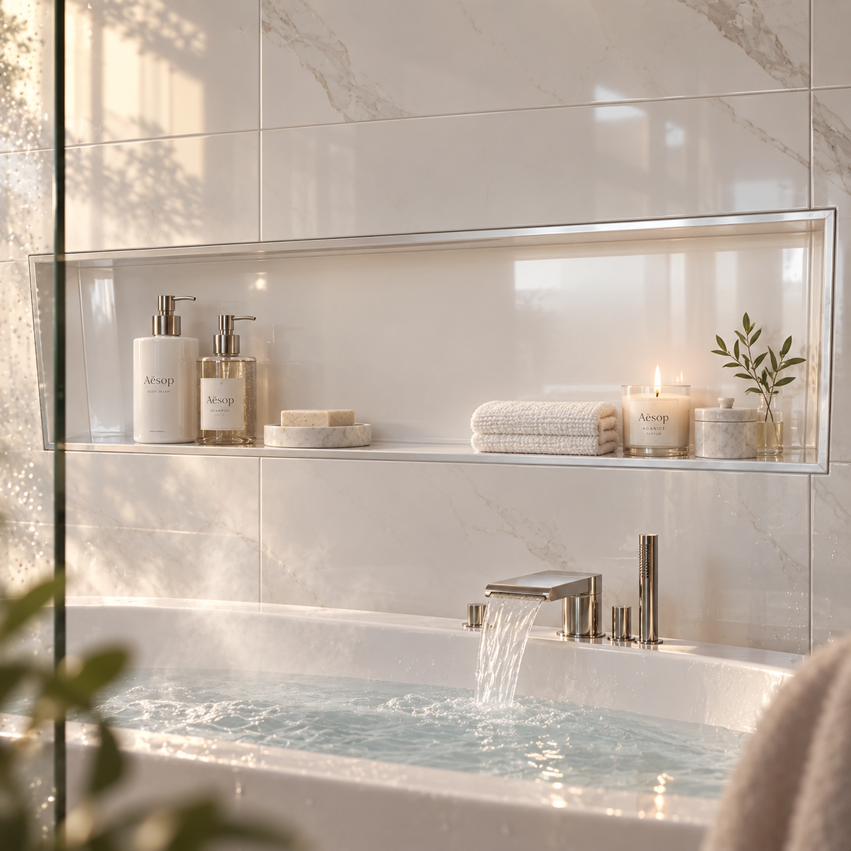 Alba wall niche, 12 × 48 in, glossy white, recessed in a shower wall, bottles and soap stored inside
