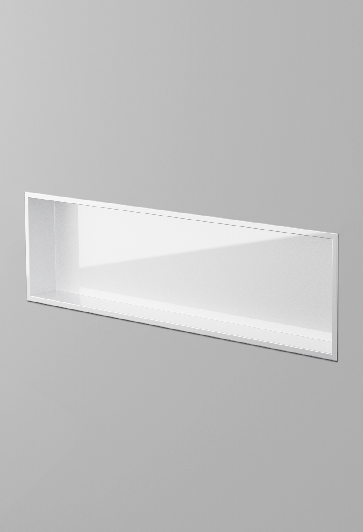 Alba wall niche, 12 × 48 in, glossy white, recessed in a plain gray wall, three-quarter view