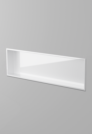 Alba wall niche, 12 × 48 in, glossy white, recessed in a plain gray wall, three-quarter view