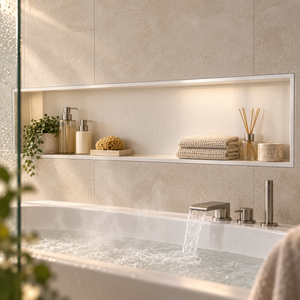 Alba wall niche, 12 × 48 in, matte white, recessed in a shower wall, bottles and soap stored inside