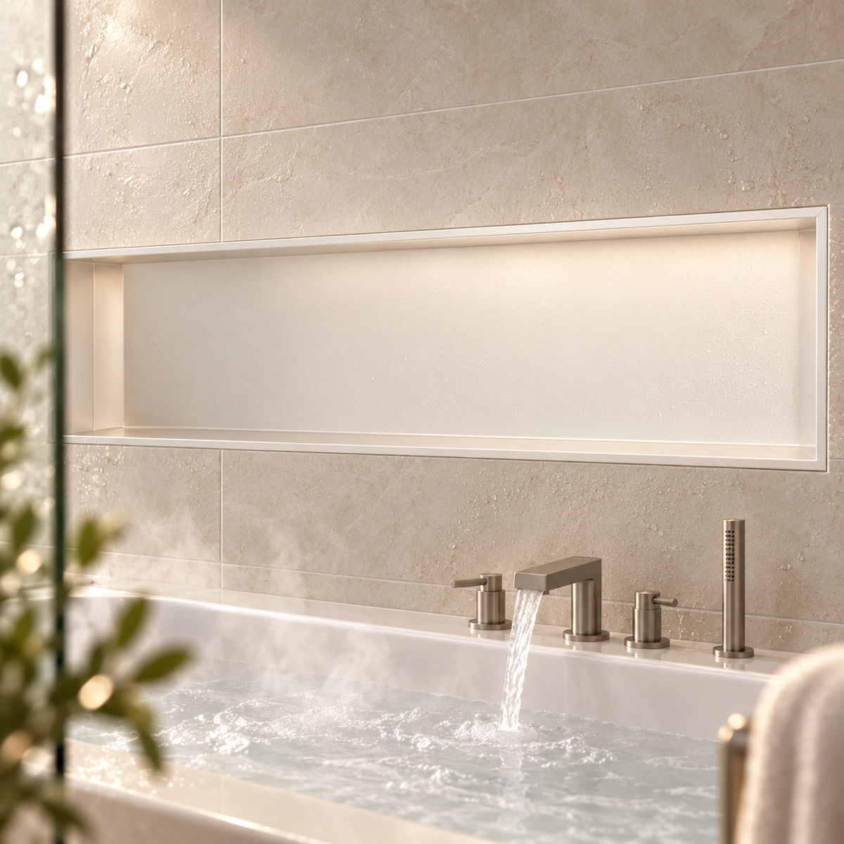 Alba wall niche, 12 × 48 in, matte white, recessed in a wall above a bathtub, empty