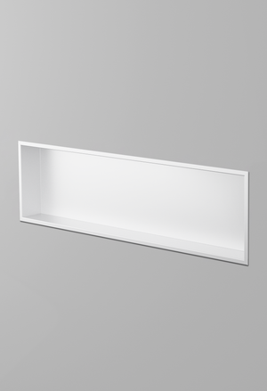 Alba wall niche, 12 × 48 in, matte white, recessed in a plain gray wall, three-quarter view