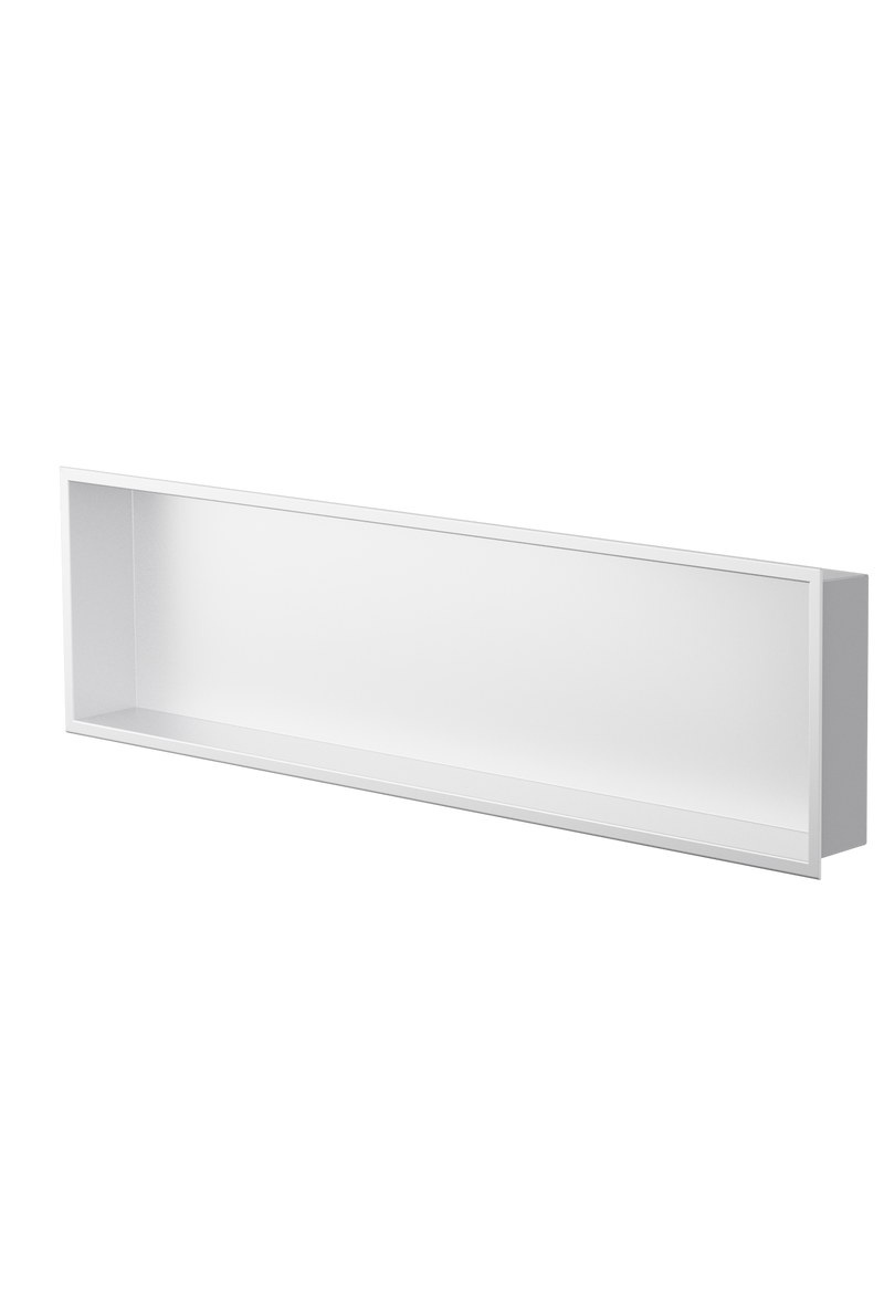 Alba wall niche, 12 × 48 in, matte white, three-quarter view on a transparent background