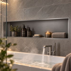Alba wall niche, 12 × 48 in, matte gray, recessed in a shower wall, bottles and soap stored inside